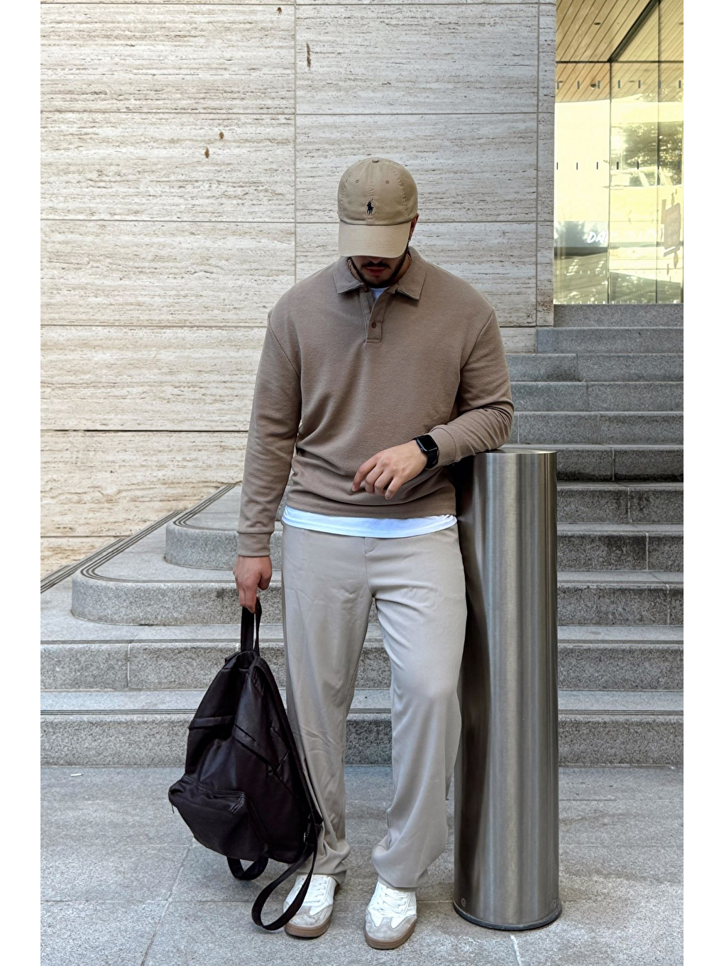 Bej Cali Erkek Regular Fit Polo Yaka Uzun Kollu Sweatshirt Tişört-5