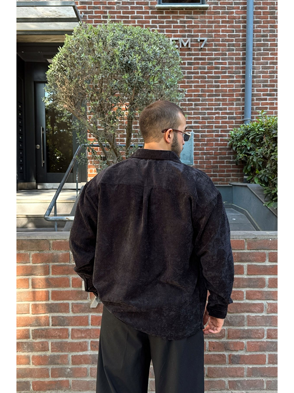 Siyah Yotau Erkek Oversize Fit Kadife Uzun Kollu Gömlek Ceket-5