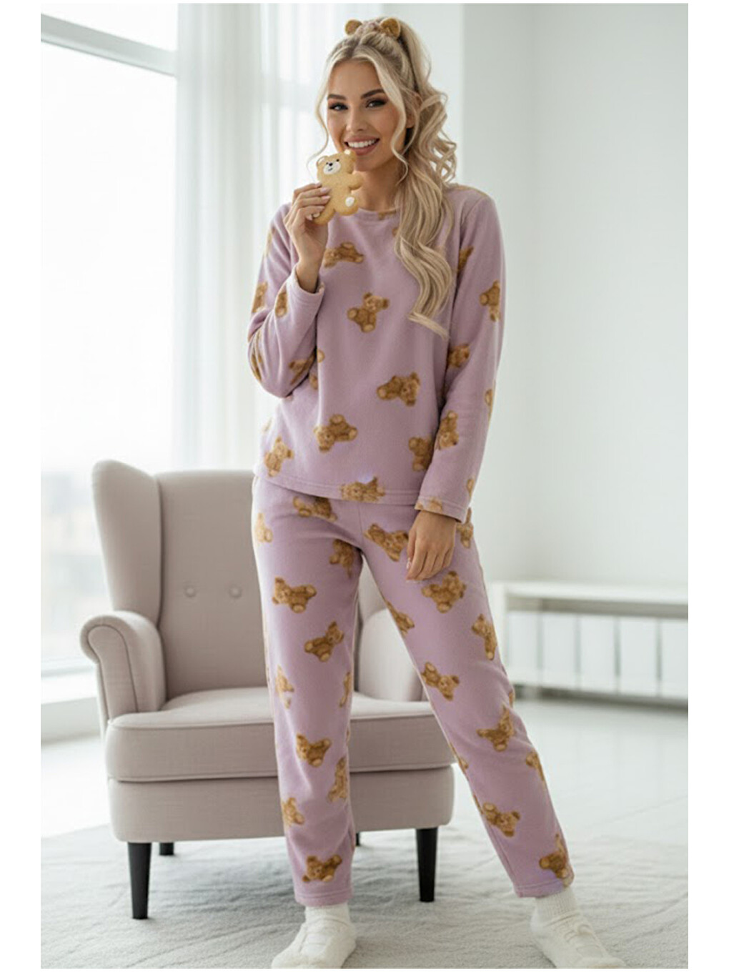 Pembe Ayıcık Baskılı Polar Kışlık Örme Pijama Takım-1