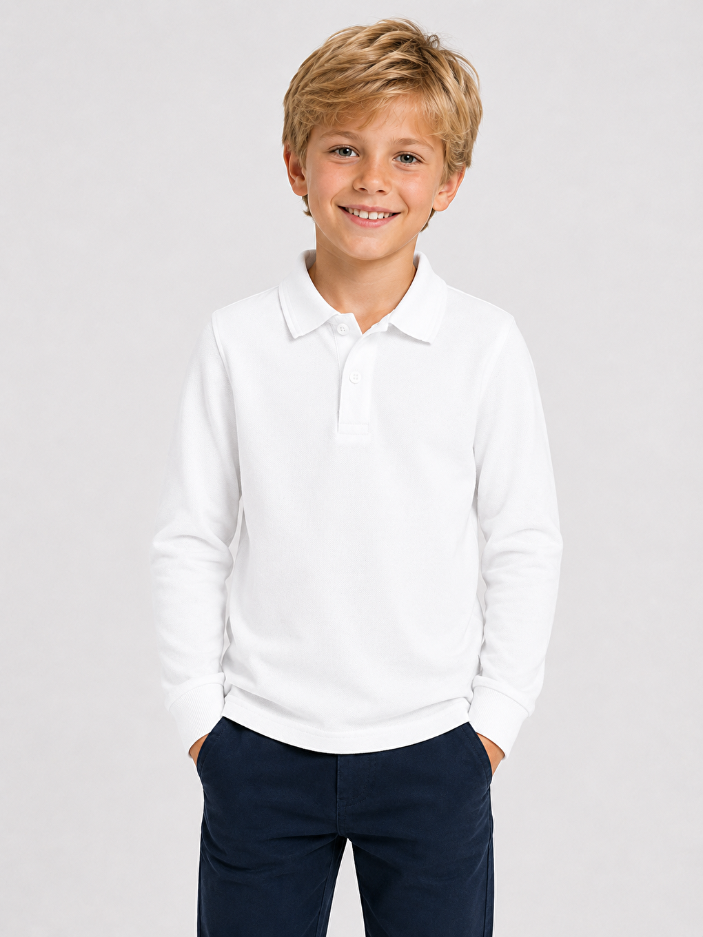 Beyaz Kids Polo Yaka Basic Uzun Kollu Unisex Erkek Çocuk Tişört