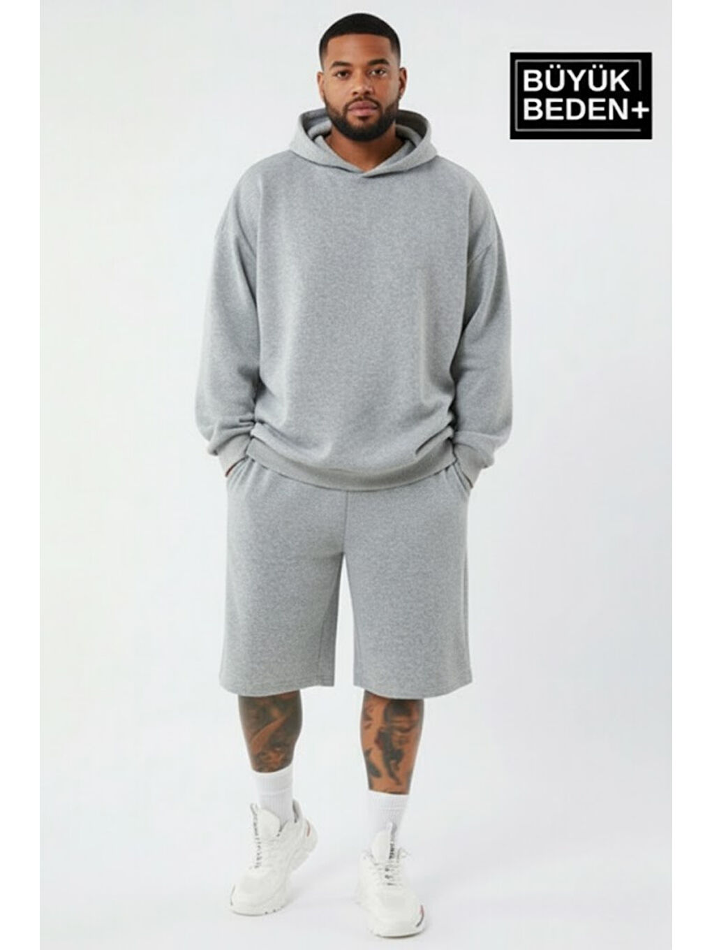 Gri Erkek Büyük Beden 2' li Set Kapüşonlu Kollar Ve Etek Ribanalı ince Swatshırt SPR26BSW957+2-2