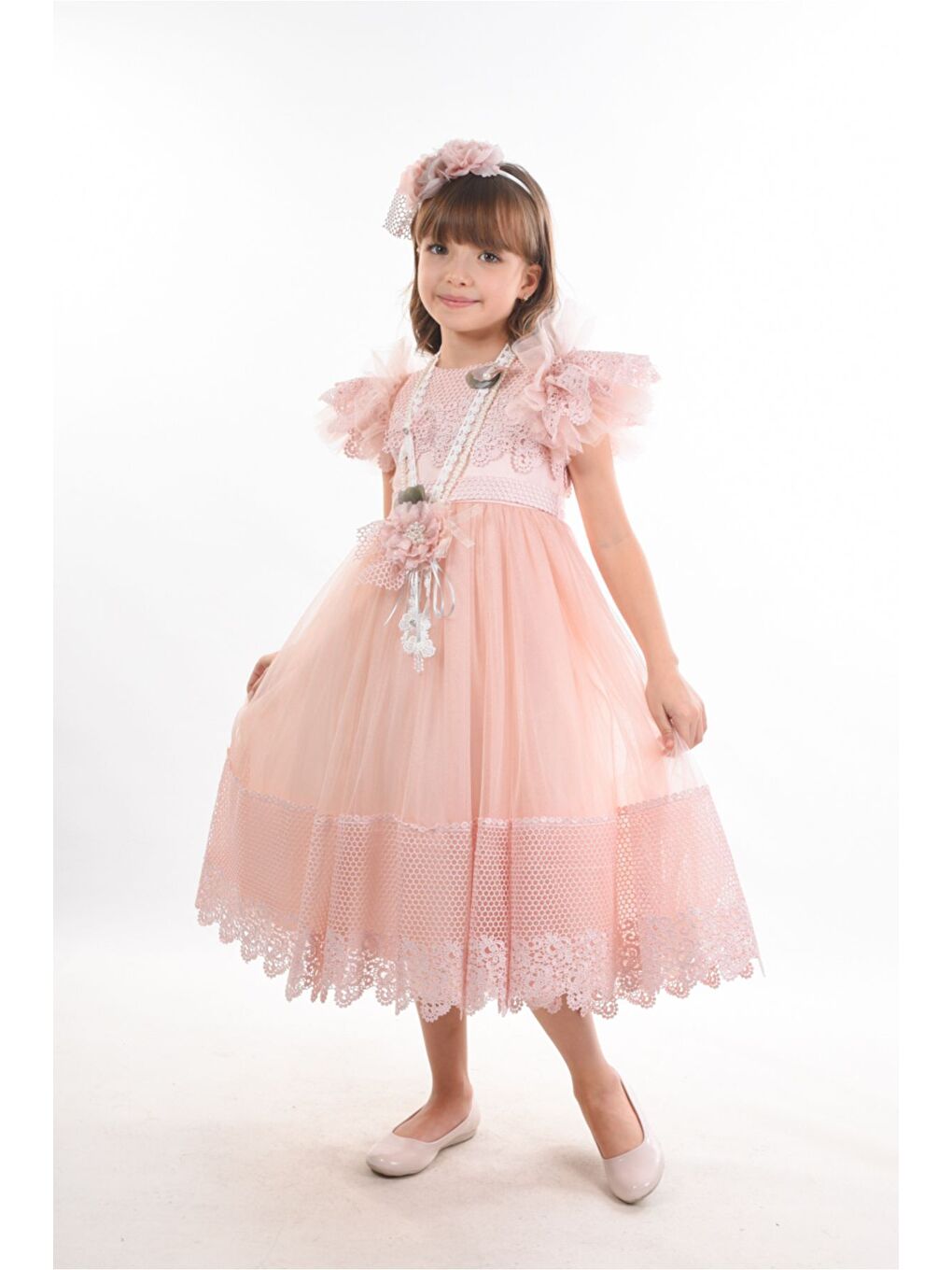 Pembe Saç Aksesuarlı Kız Çocuk Elbise-1
