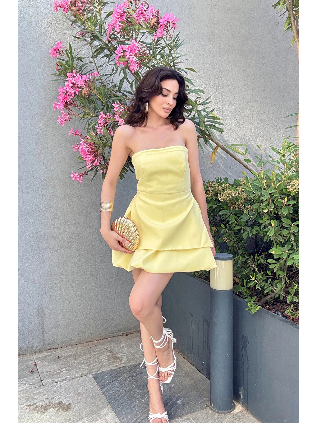 Kadın Sarı Straplez Elbise 1006-748-2