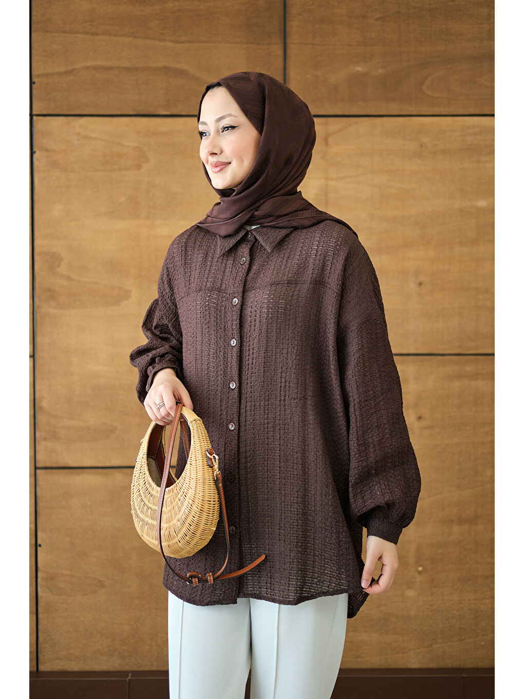 Kadın Kendinden Desenli Bel Bağlamalı Kahverengi-2