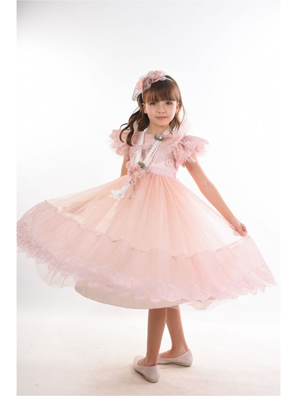 Pembe Saç Aksesuarlı Kız Çocuk Elbise-3