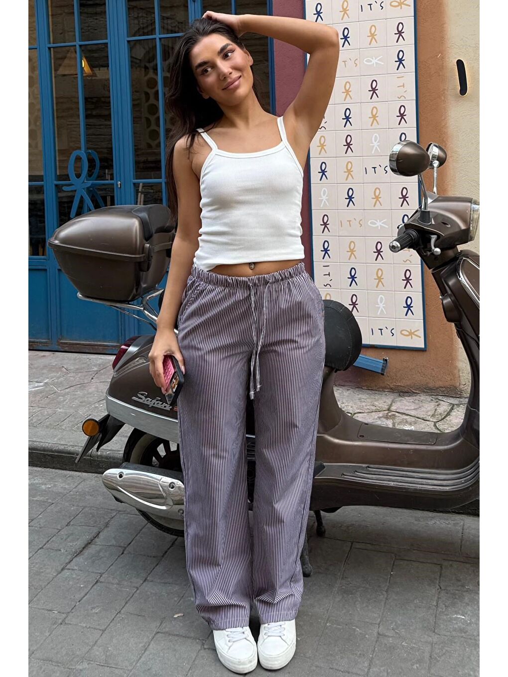 Kahverengi Beli Ayarlanabilir Bol Paça Dökümlü Çizgili Pantolon Mg2087