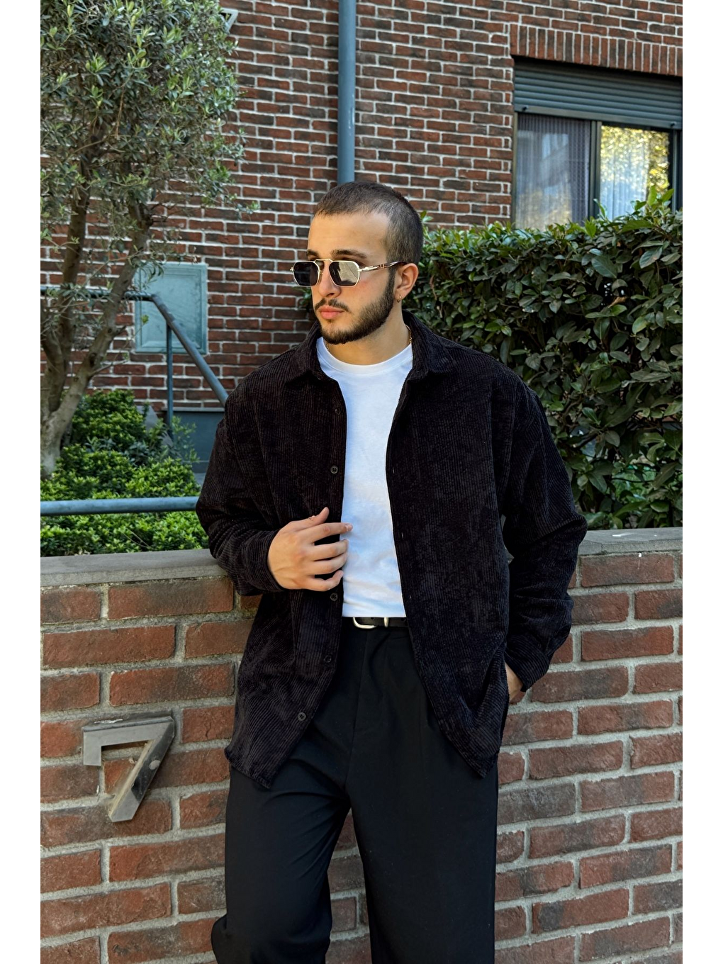 Siyah Yotau Erkek Oversize Fit Kadife Uzun Kollu Gömlek Ceket-6