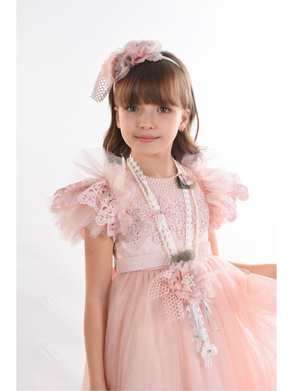 Pembe Saç Aksesuarlı Kız Çocuk Elbise-4