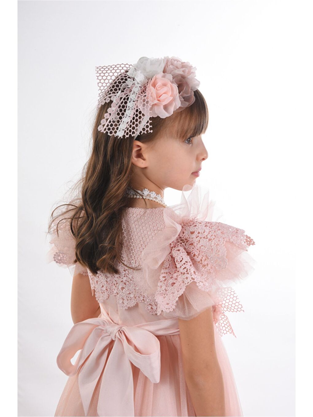 Pembe Saç Aksesuarlı Kız Çocuk Elbise-6