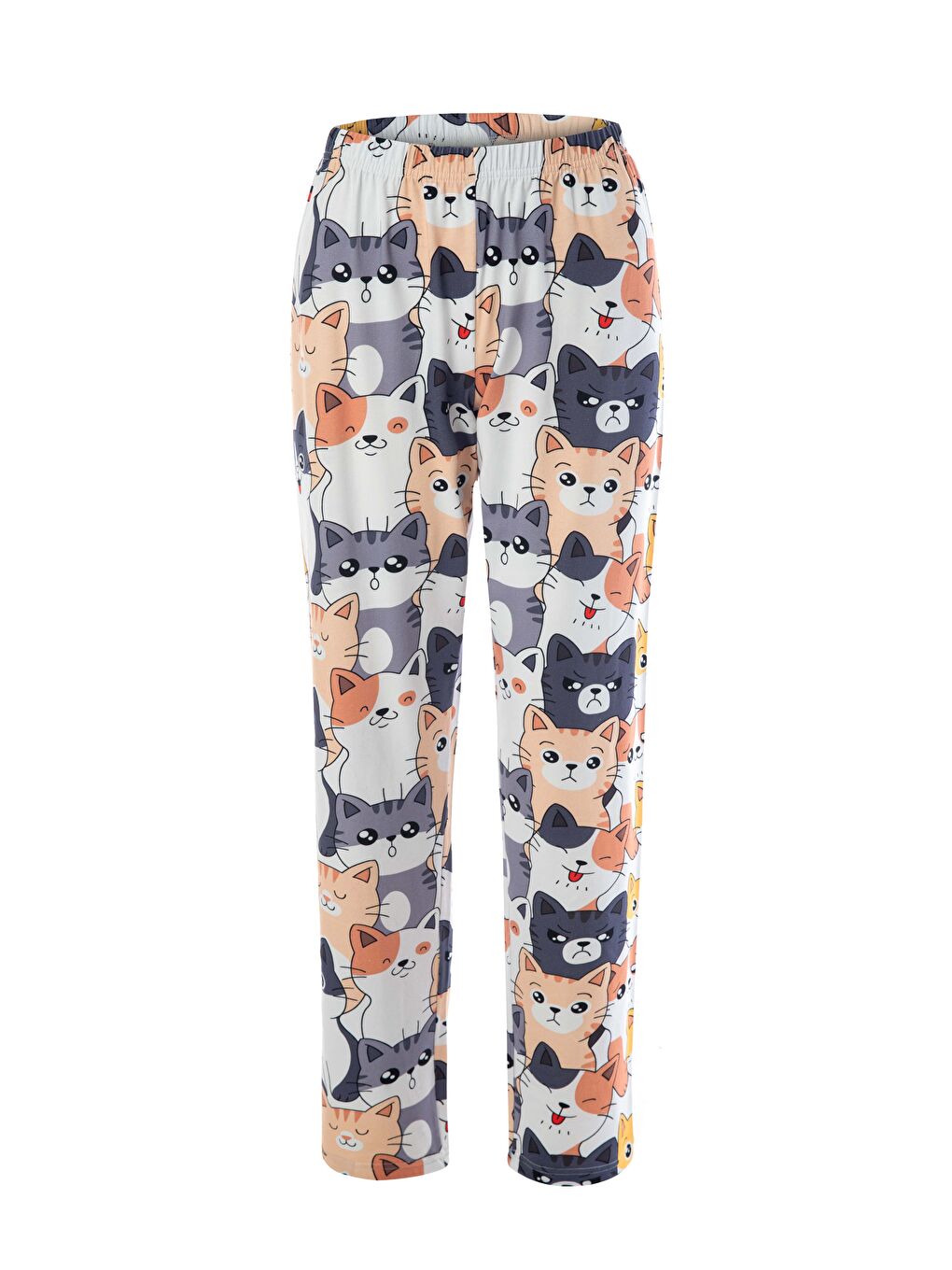 Kadın Gri Pamuklu Kedili Örme Pijama Takımı-1