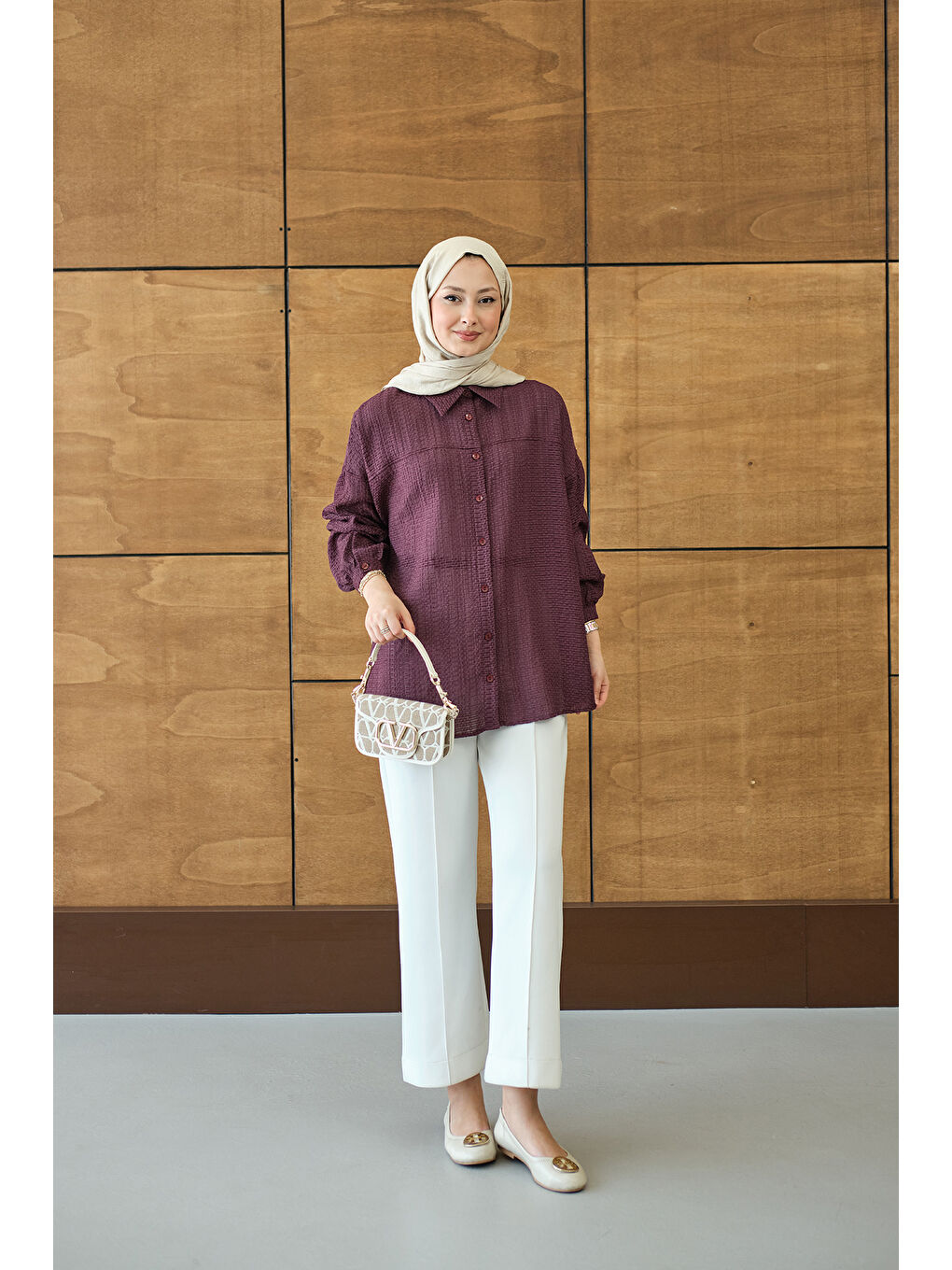 Kadın Kendinden Desenli Bel Bağlamalı Mürdüm-1