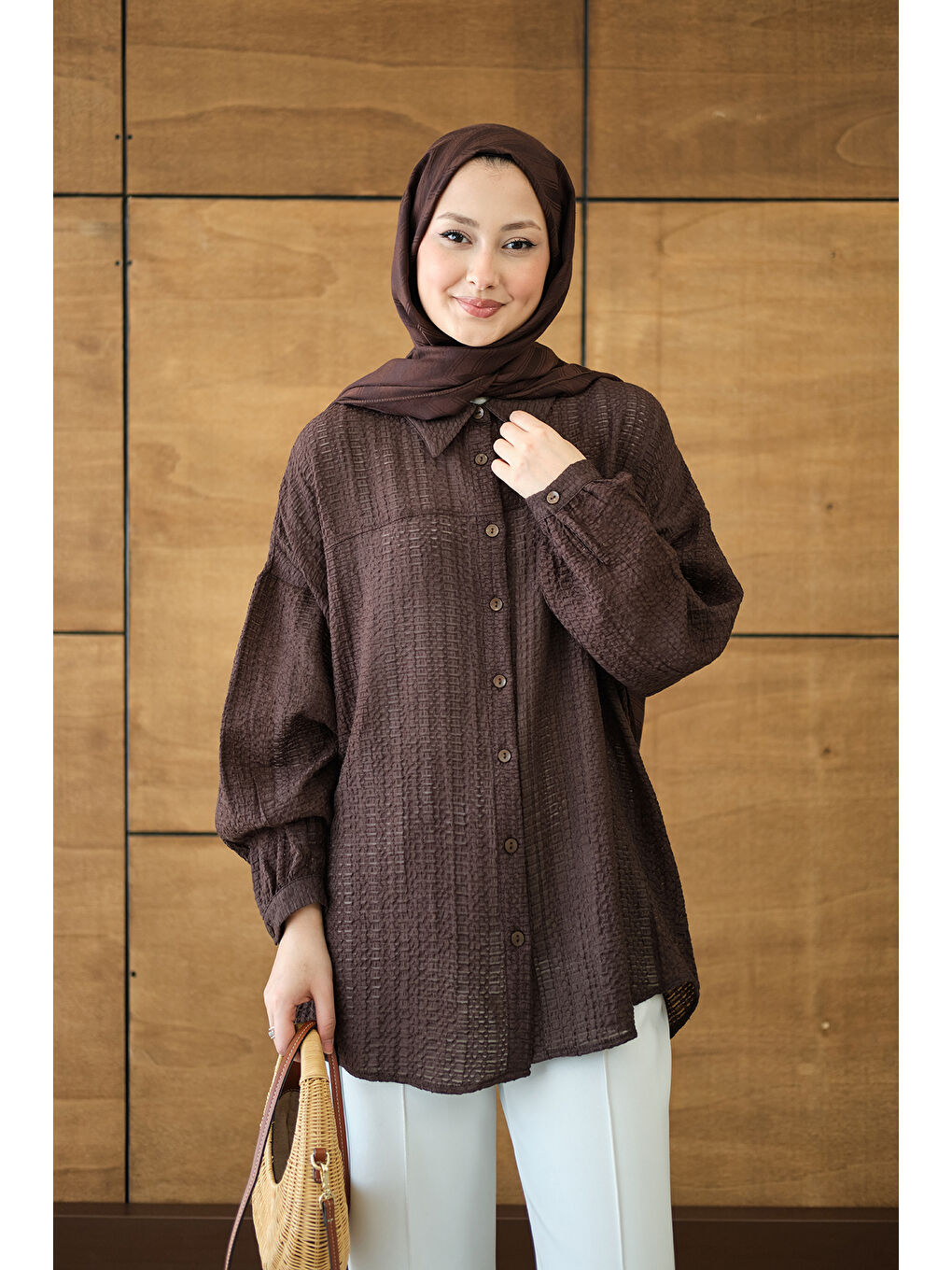 Kadın Kendinden Desenli Bel Bağlamalı Kahverengi-3