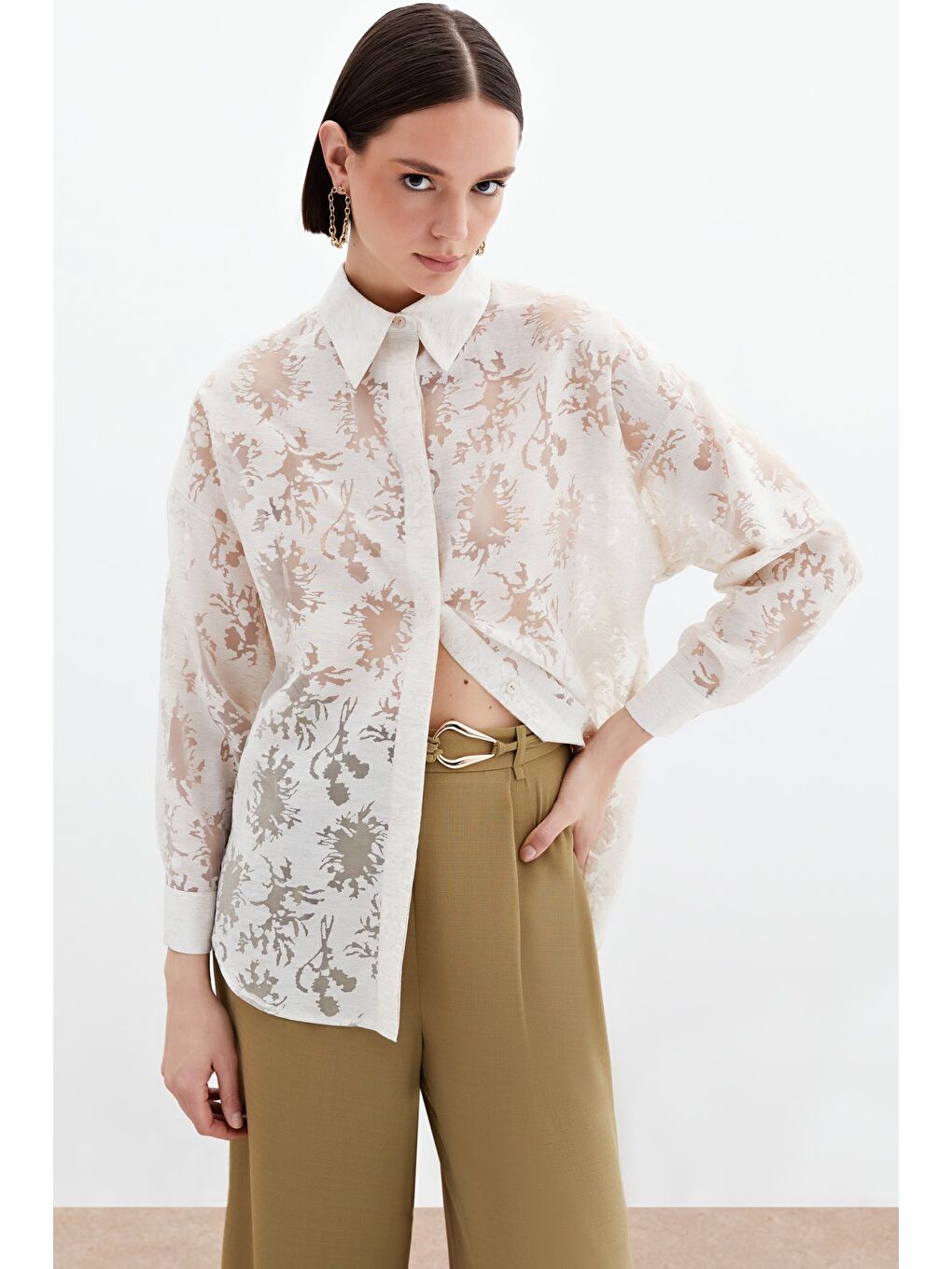 Ekru Kendinden Desenli Salaş Gömlek - Krem-2
