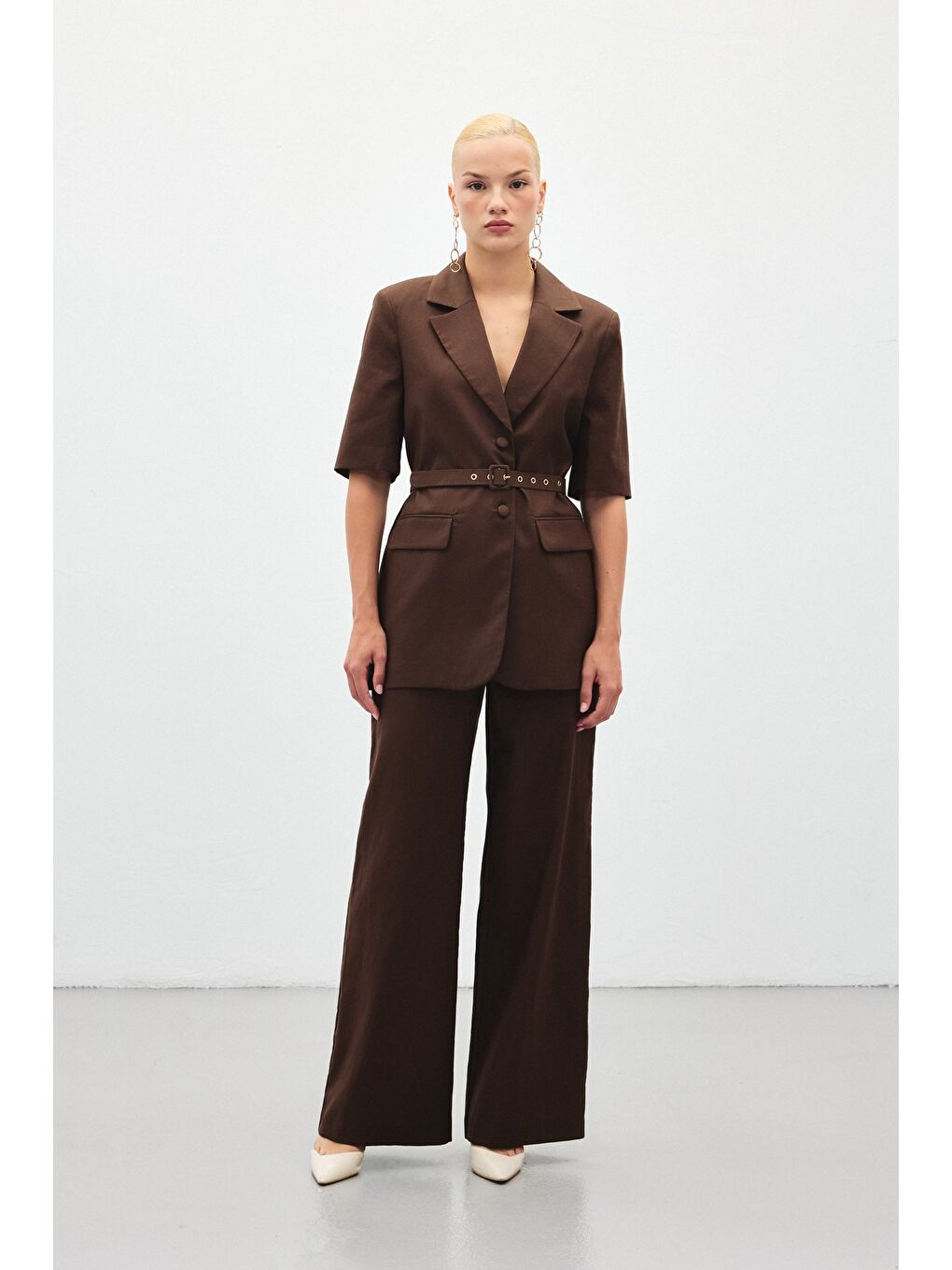 Kahverengi Bol Paça Keten Pantolon - Kahve-1