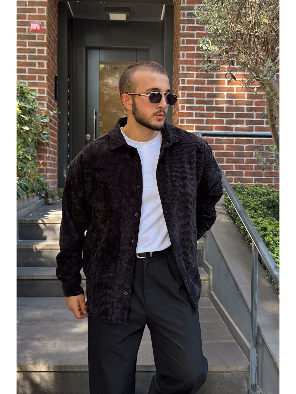 Siyah Yotau Erkek Oversize Fit Kadife Uzun Kollu Gömlek Ceket-7