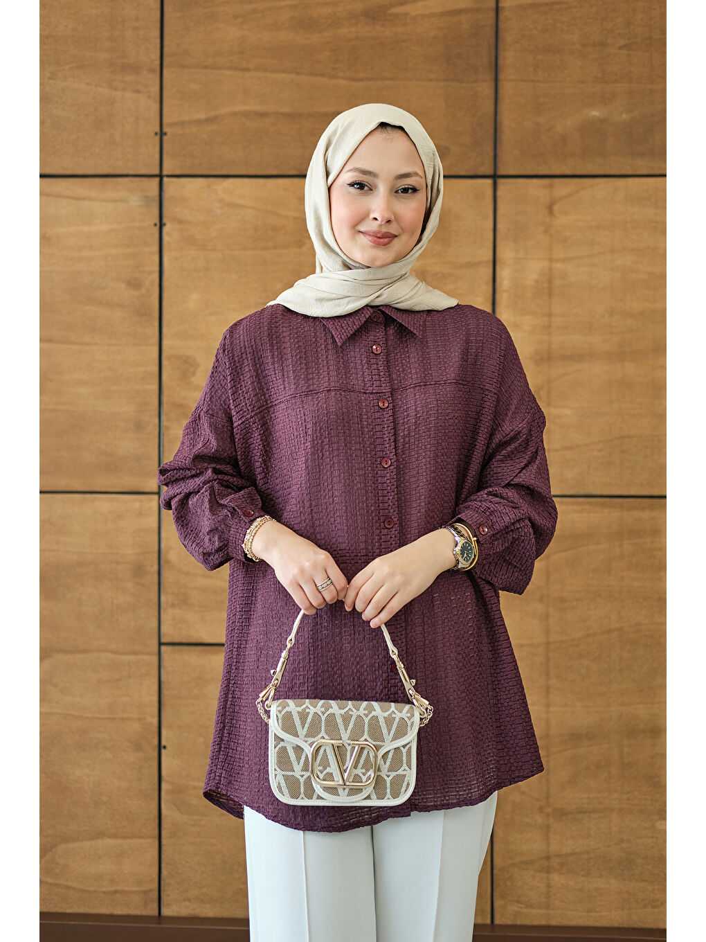 Kadın Kendinden Desenli Bel Bağlamalı Mürdüm-2