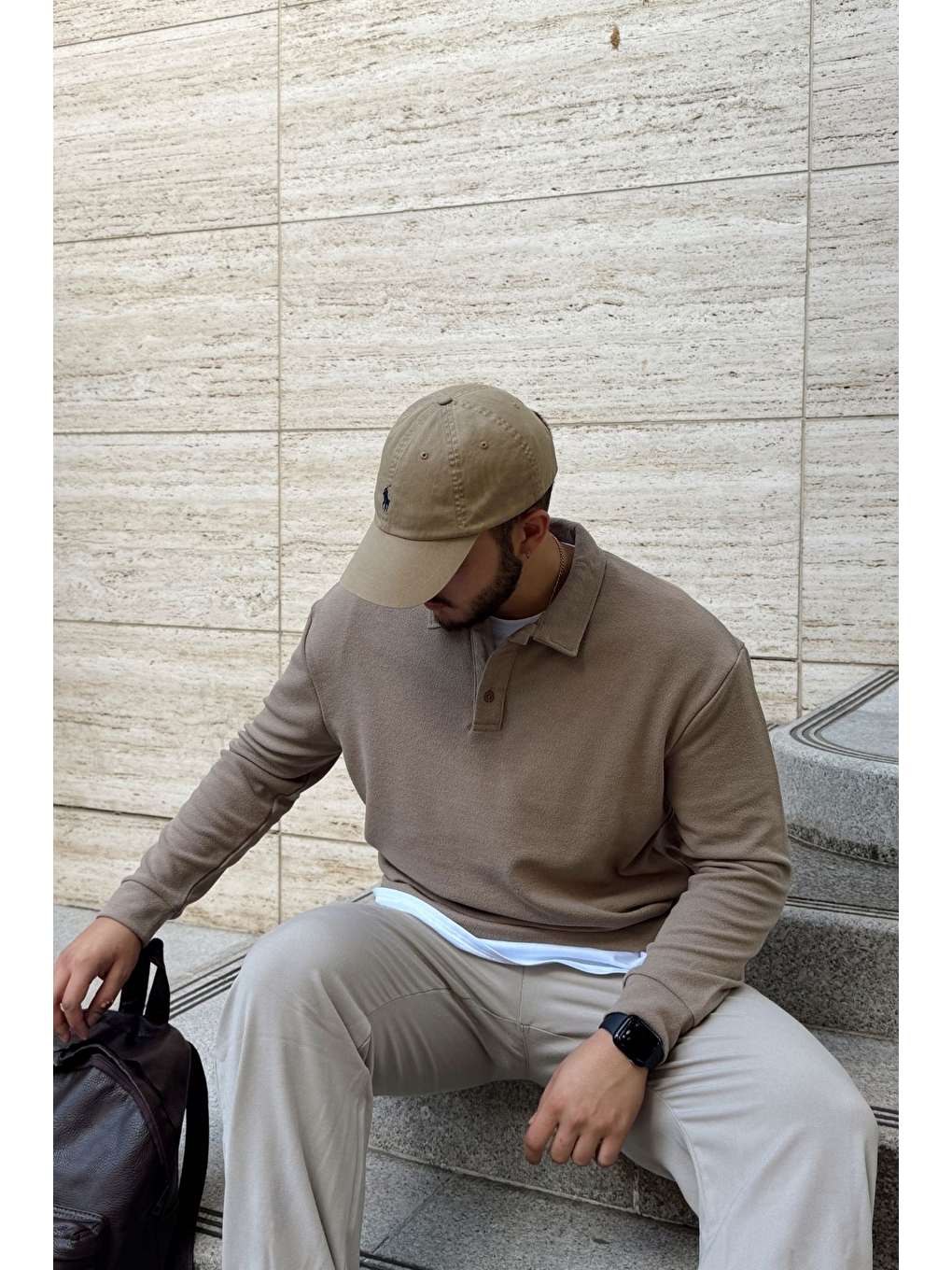 Bej Cali Erkek Regular Fit Polo Yaka Uzun Kollu Sweatshirt Tişört-6