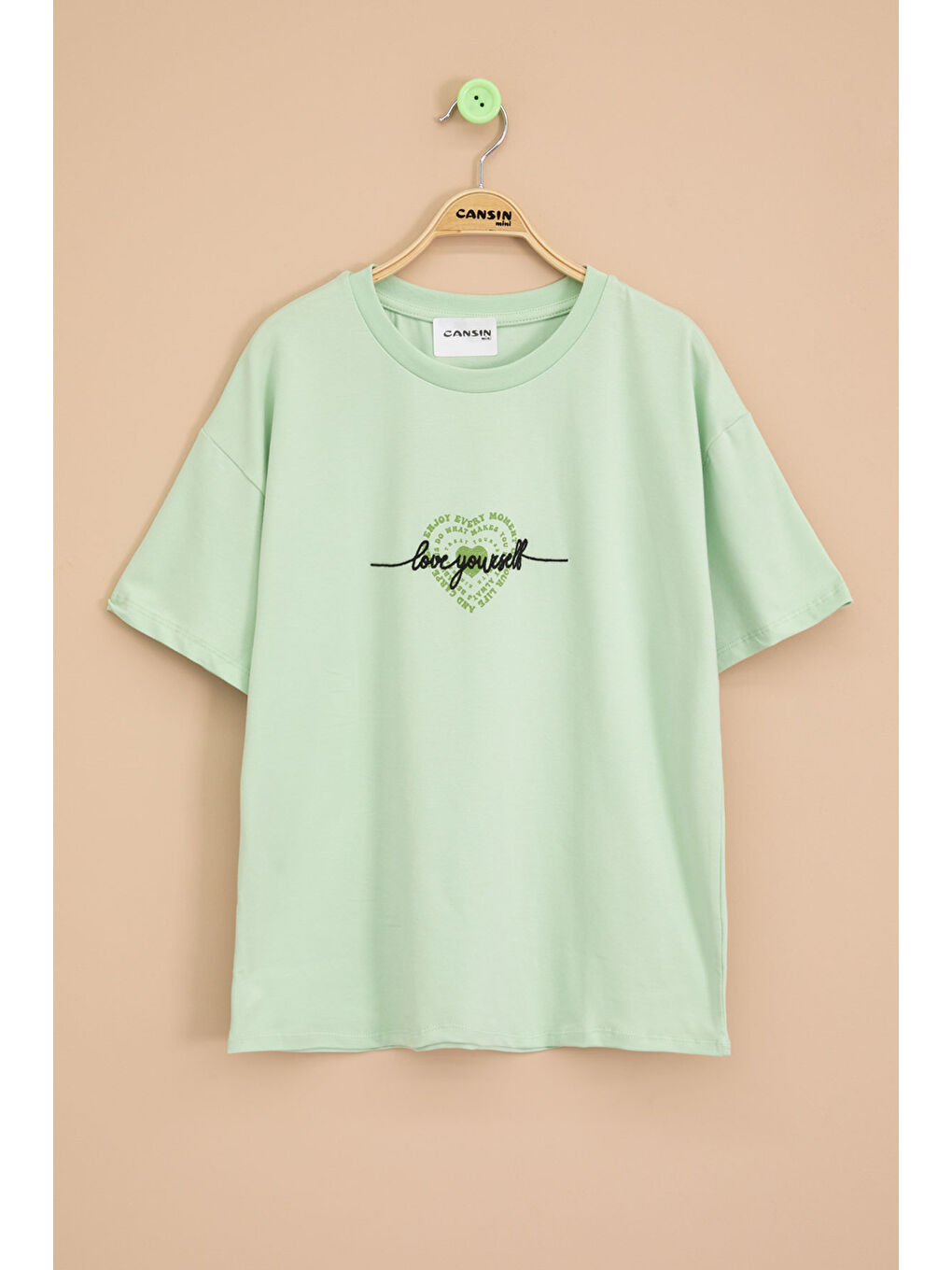 Yeşil Sırtı Kalp Baskılı Yazılı Kız Çocuk Bisiklet Yaka Tişört 20970