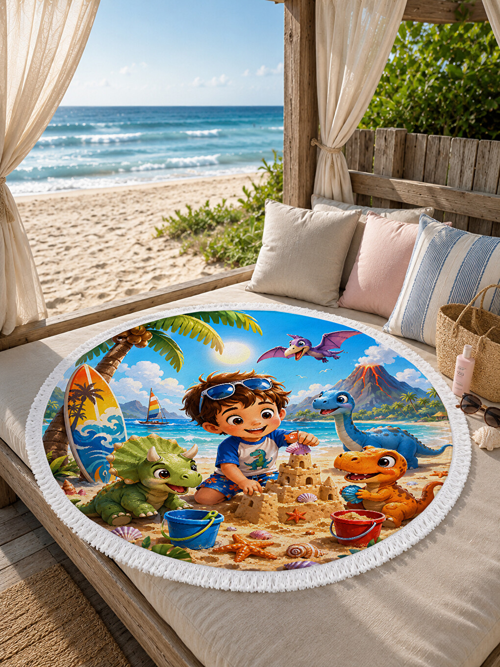 Lila Dino Dostlarla Kumdan Kale 150 Cm Yuvarlak Çocuk Plaj Havlusu Dinozor ve Kumdan Kale Temalı-1