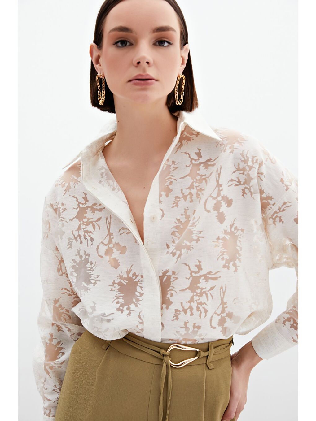 Ekru Kendinden Desenli Salaş Gömlek - Krem-4