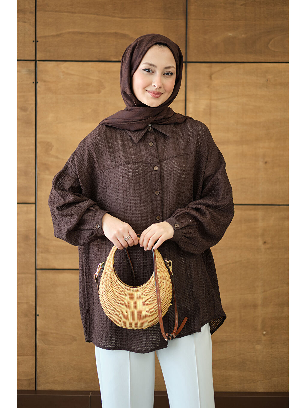 Kadın Kendinden Desenli Bel Bağlamalı Kahverengi-4