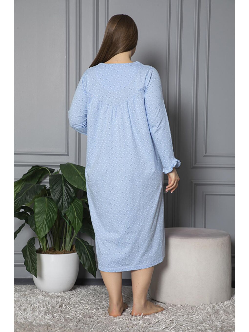 Mavi %100 Pamuklu Mevsimlik Uzun Kol Penye Büyük Beden Anne Gecelik 180-4