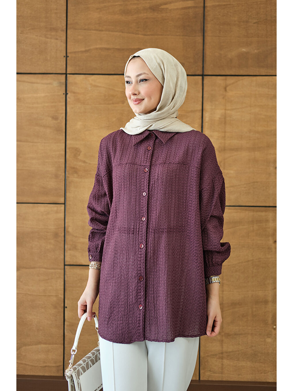 Kadın Kendinden Desenli Bel Bağlamalı Mürdüm-3