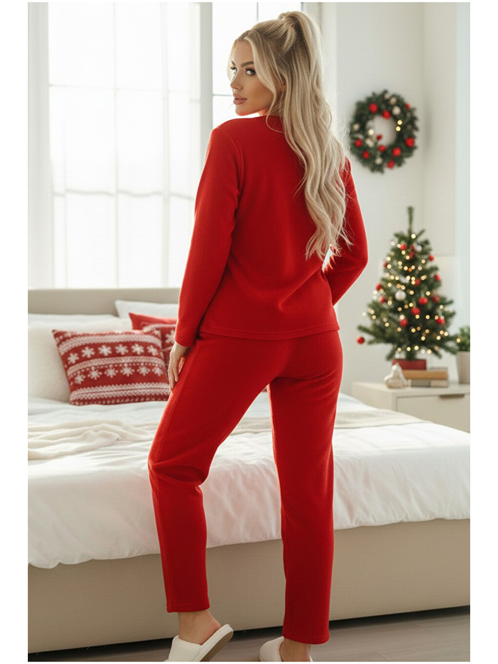 Kırmızı Nakışlı Polar Kışlık Örme Pijama Takım-2
