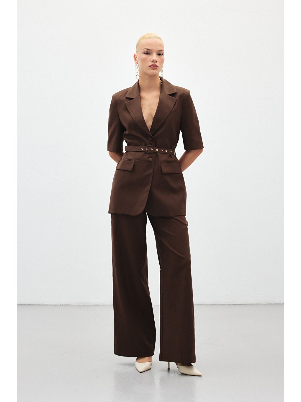 Kahverengi Bol Paça Keten Pantolon - Kahve-2