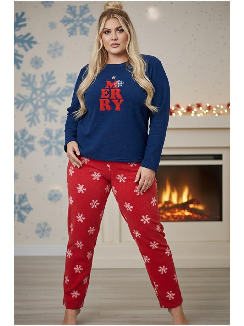 Lacivert Nakışlı Büyük Beden Polar Kışlık Örme Pijama Takım 25222580-1