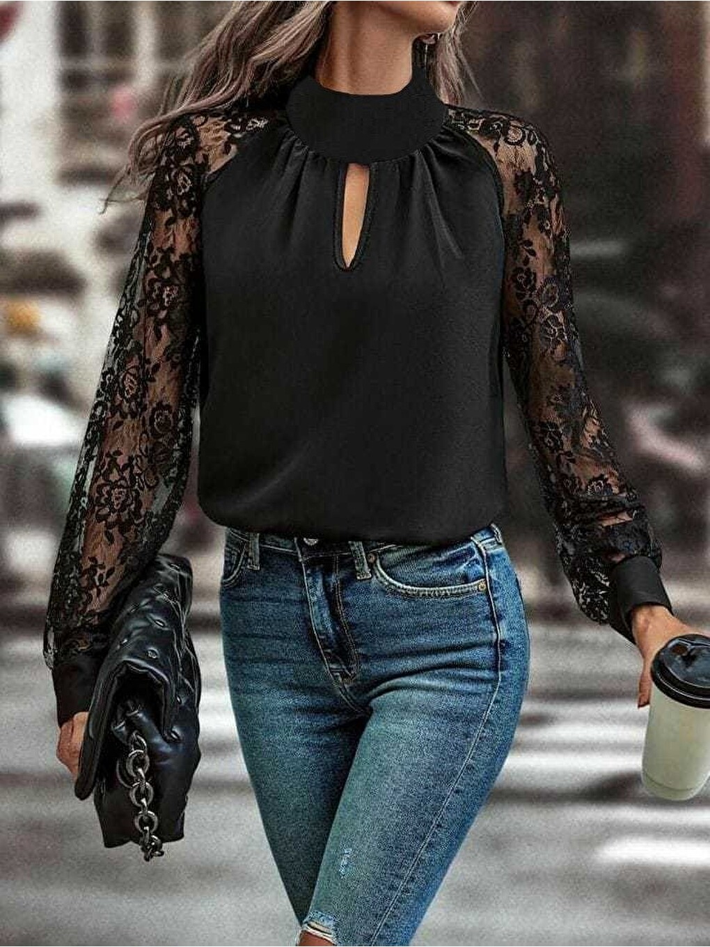 Siyah Kadın Uzun Kollu Göğüs Pencere Detay Yaka Boğazlı Kolları Tüllü Sandy Bluz-7
