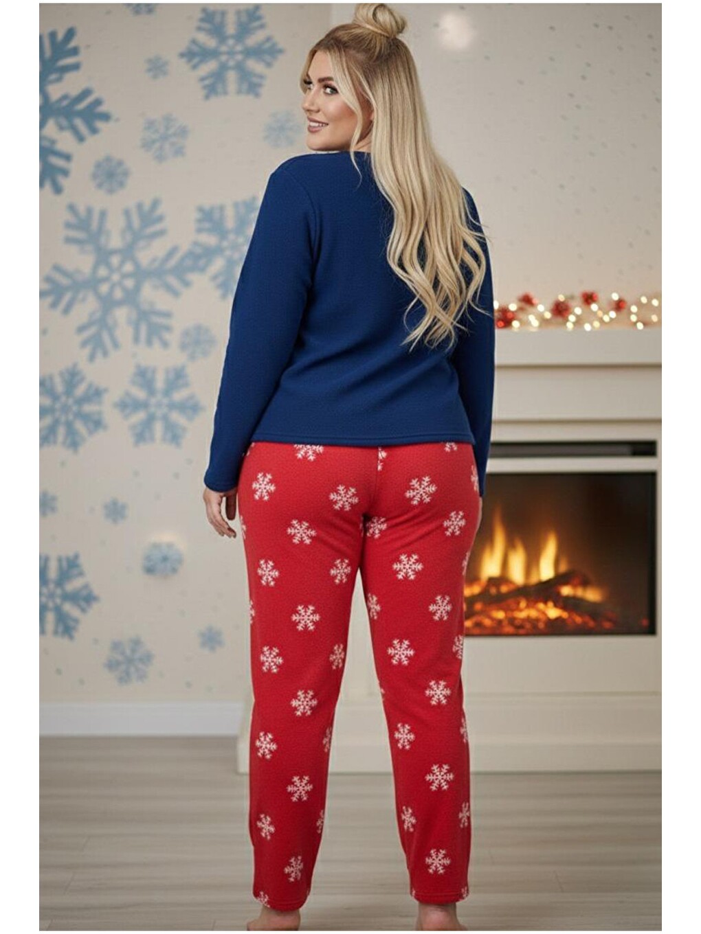 Lacivert Nakışlı Büyük Beden Polar Kışlık Örme Pijama Takım 25222580-2