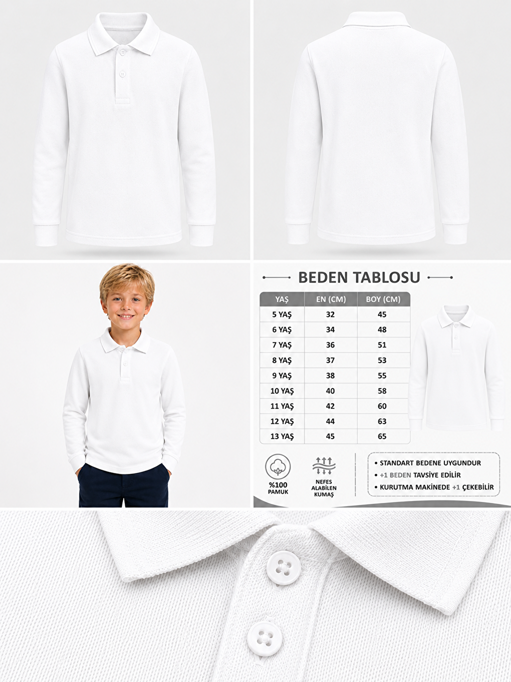 Beyaz Kids Polo Yaka Basic Uzun Kollu Unisex Erkek Çocuk Tişört-1
