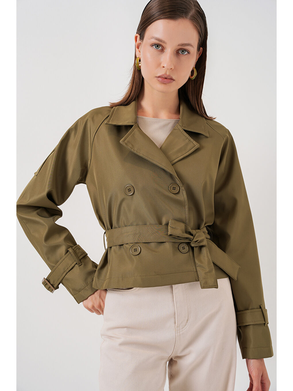 Kadın Kemerli Kısa Trençkot 5970 - Haki-2