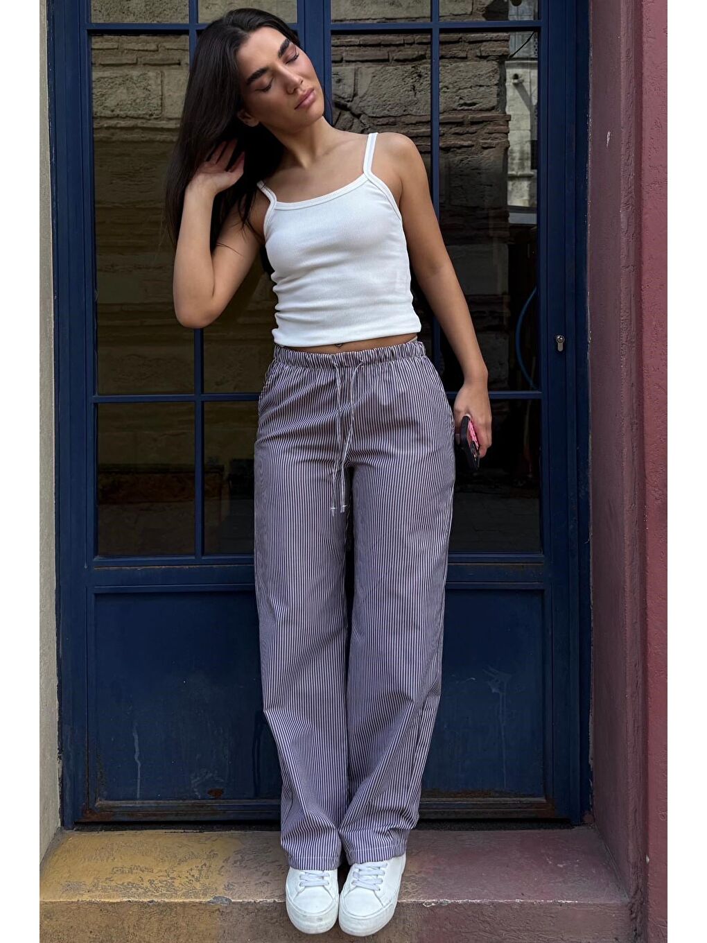 Kahverengi Beli Ayarlanabilir Bol Paça Dökümlü Çizgili Pantolon Mg2087-2