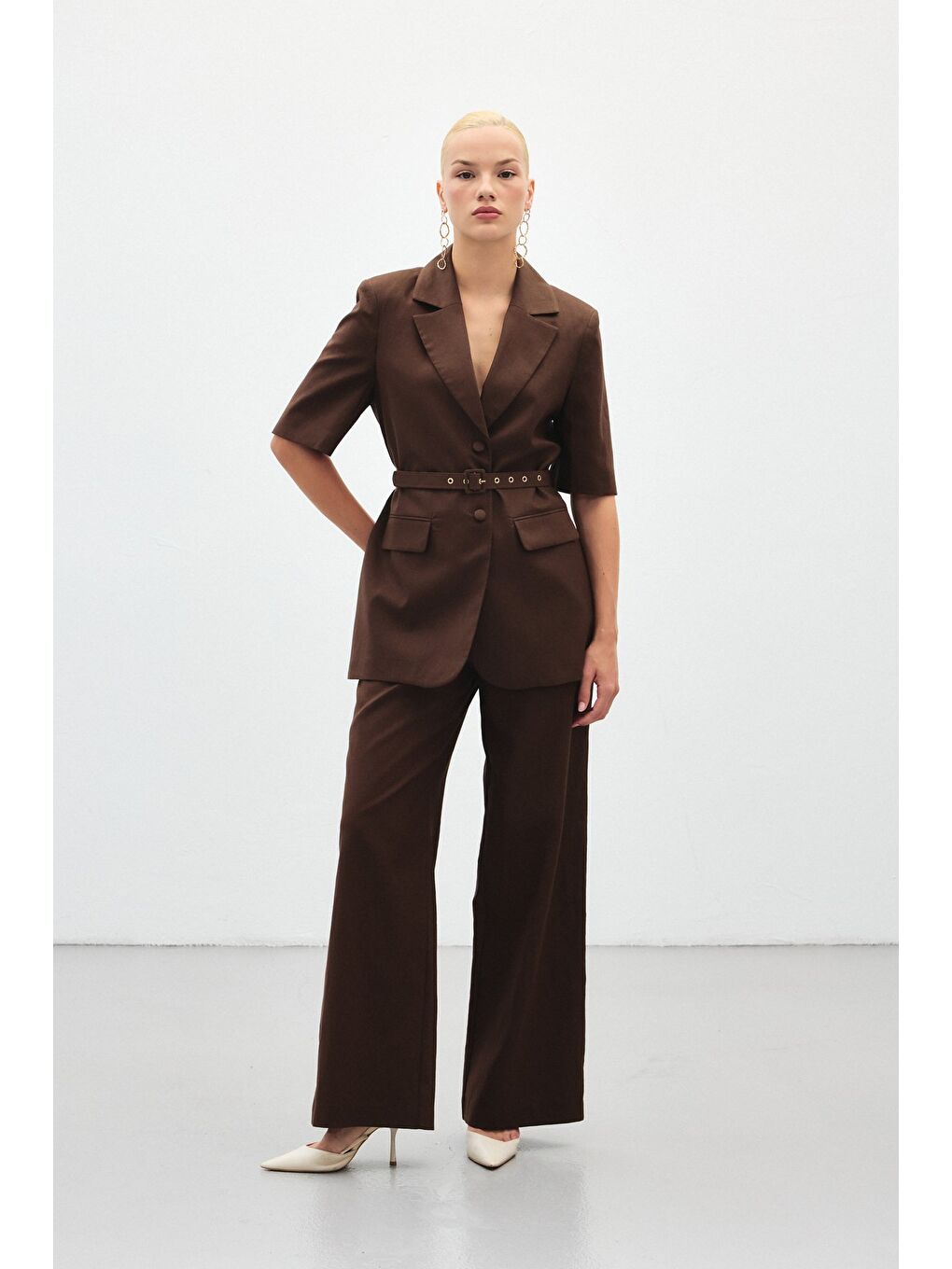 Kahverengi Bol Paça Keten Pantolon - Kahve-3