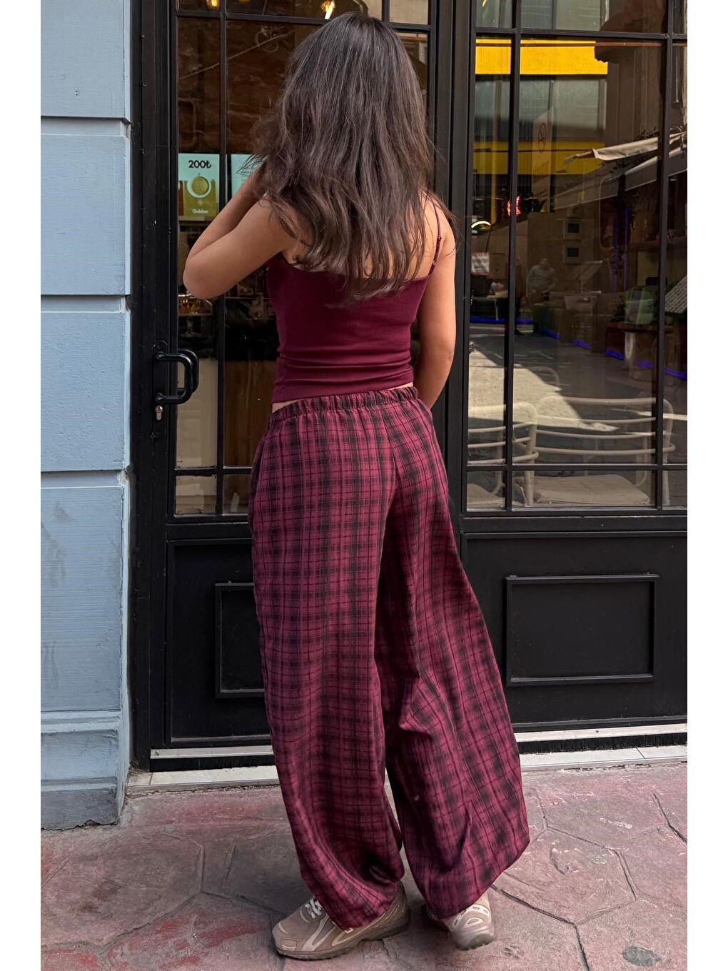 Bordo Ekose Desenli Yüksek Bel Balon Fit Kadın Pantolon Mg2726-2