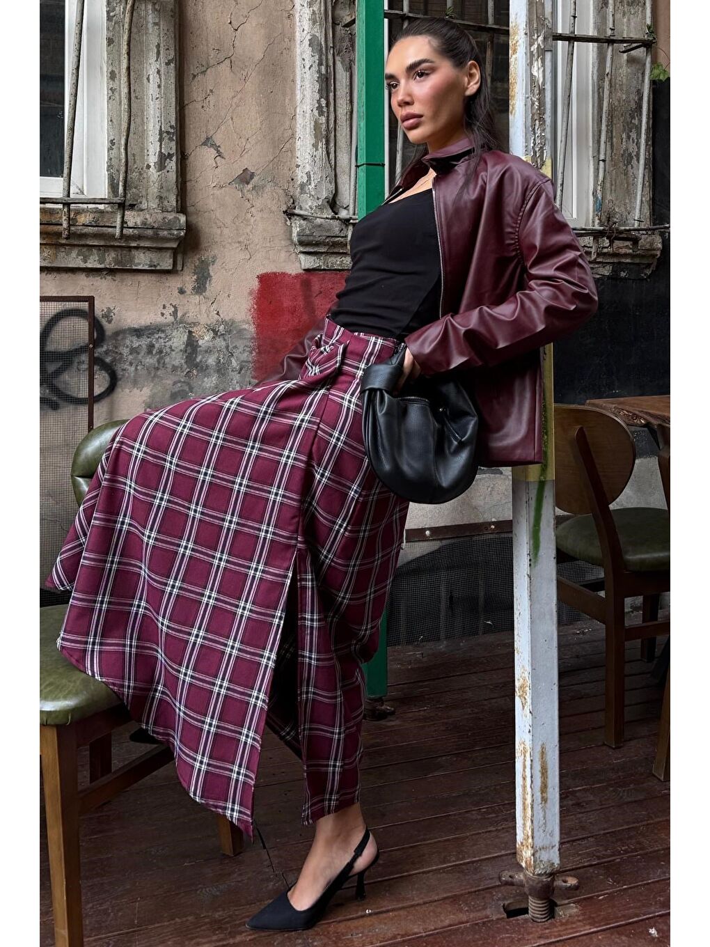 Bordo Ekose Desenli Yırtmaç Detaylı Kruvaze Midi Kadın Etek Mg2690-3