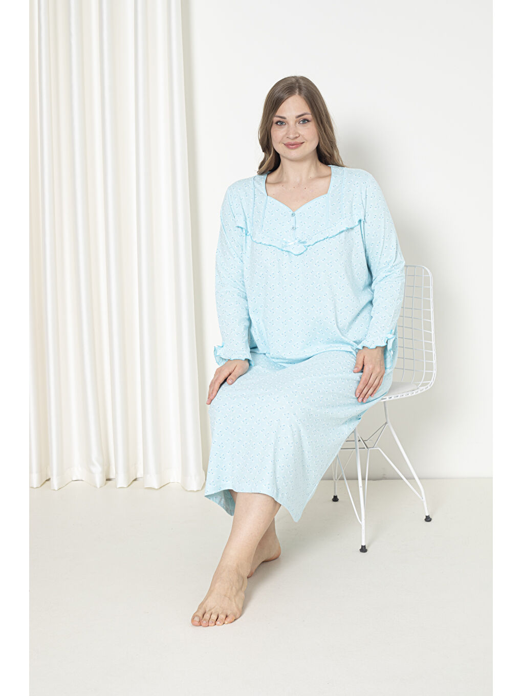 Yeşil %100 Pamuklu Mevsimlik Uzun Kol Penye Büyük Beden Anne Gecelik 180-3