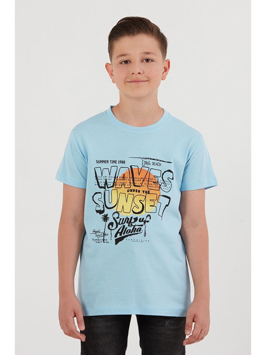 Mavi %100 Pamuk Waves Sunset Baskılı Erkek Çocuk Tişört