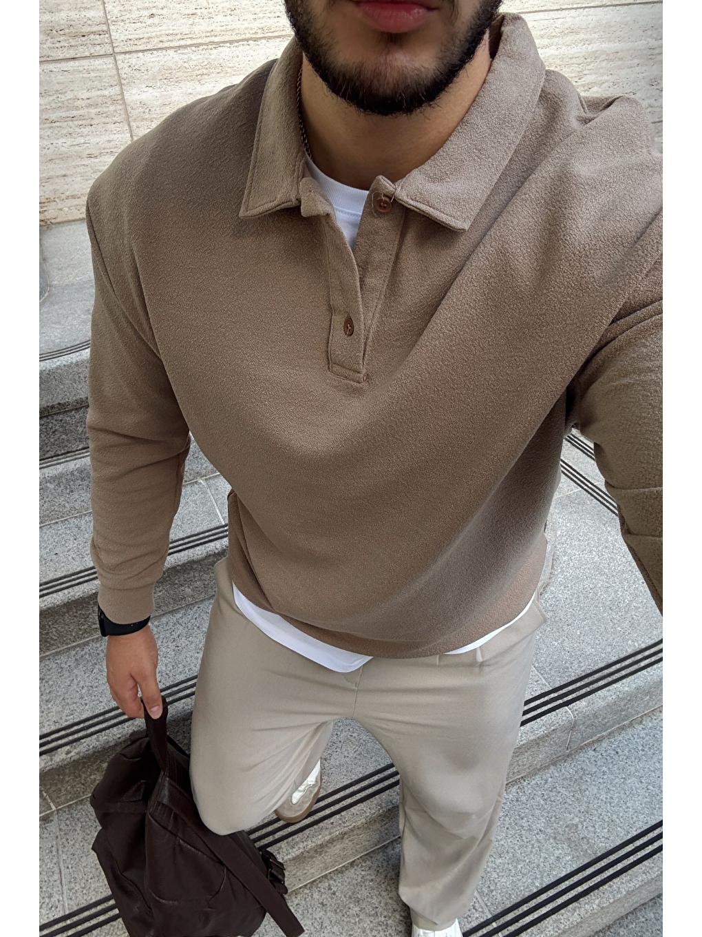 Bej Cali Erkek Regular Fit Polo Yaka Uzun Kollu Sweatshirt Tişört-7