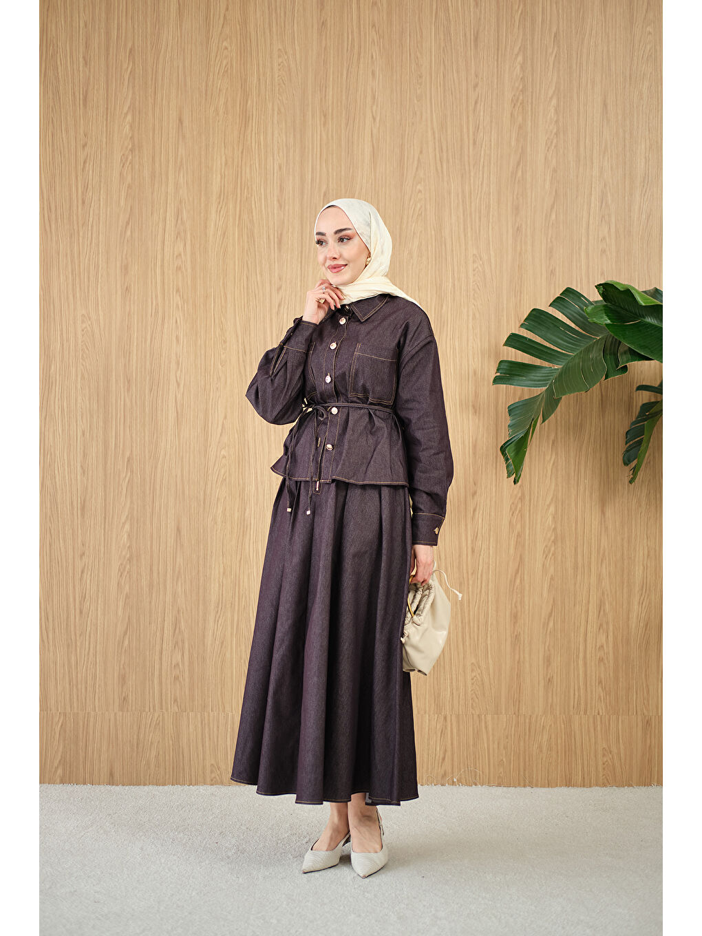 Kadın Çift Cep Detay Bel Bağlamalı Jean Takım Mürdüm