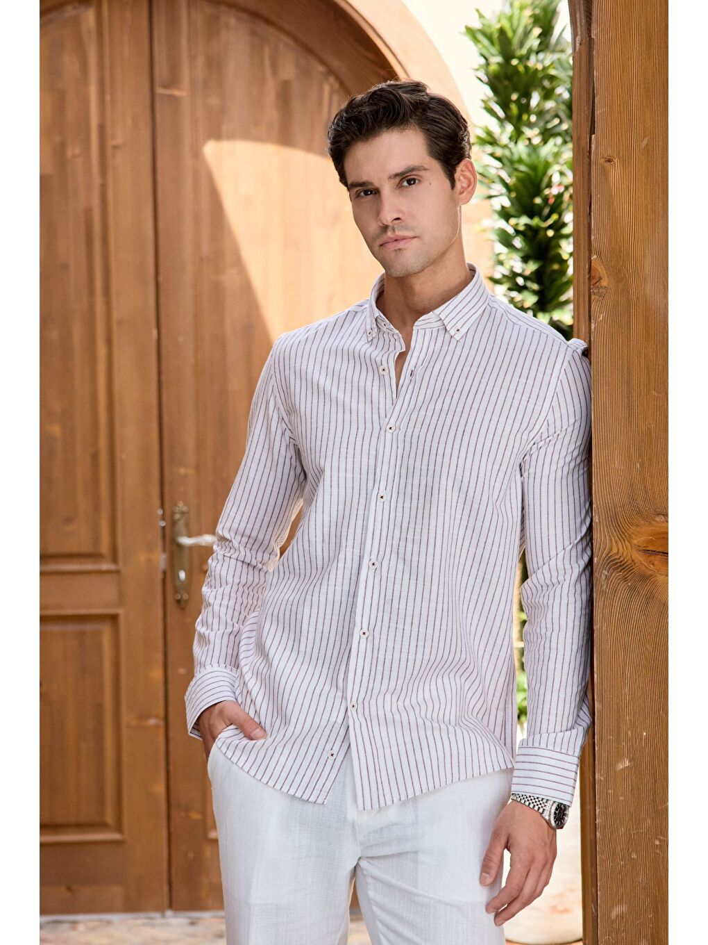 Gri Onan Erkek Klasik Gömlek Modern Slim Fit Keten Görünümlü İnce Çizgili Desen-7