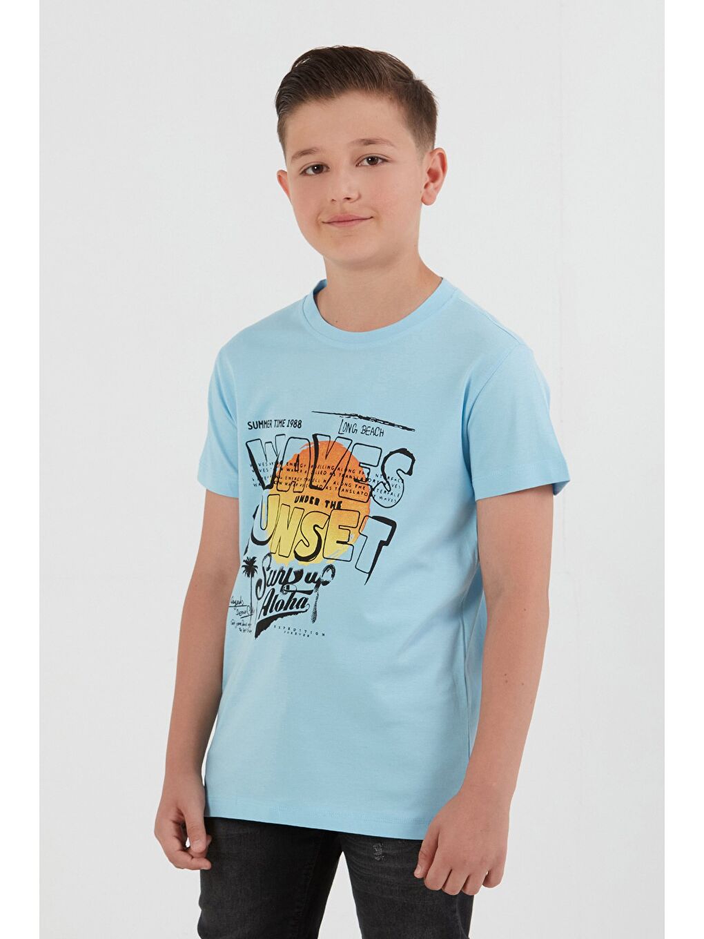 Mavi %100 Pamuk Waves Sunset Baskılı Erkek Çocuk Tişört-1