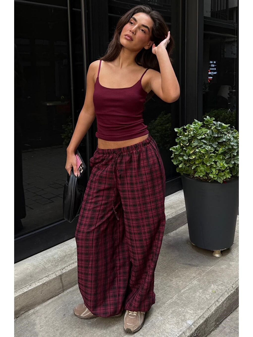 Bordo Ekose Desenli Yüksek Bel Balon Fit Kadın Pantolon Mg2726-4