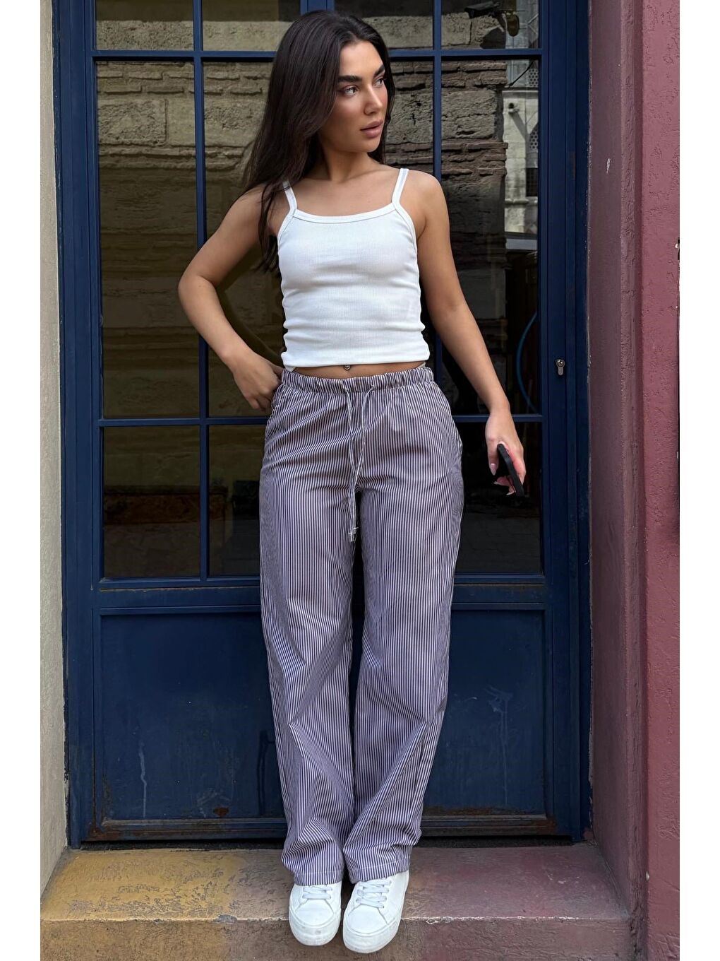 Kahverengi Beli Ayarlanabilir Bol Paça Dökümlü Çizgili Pantolon Mg2087-3