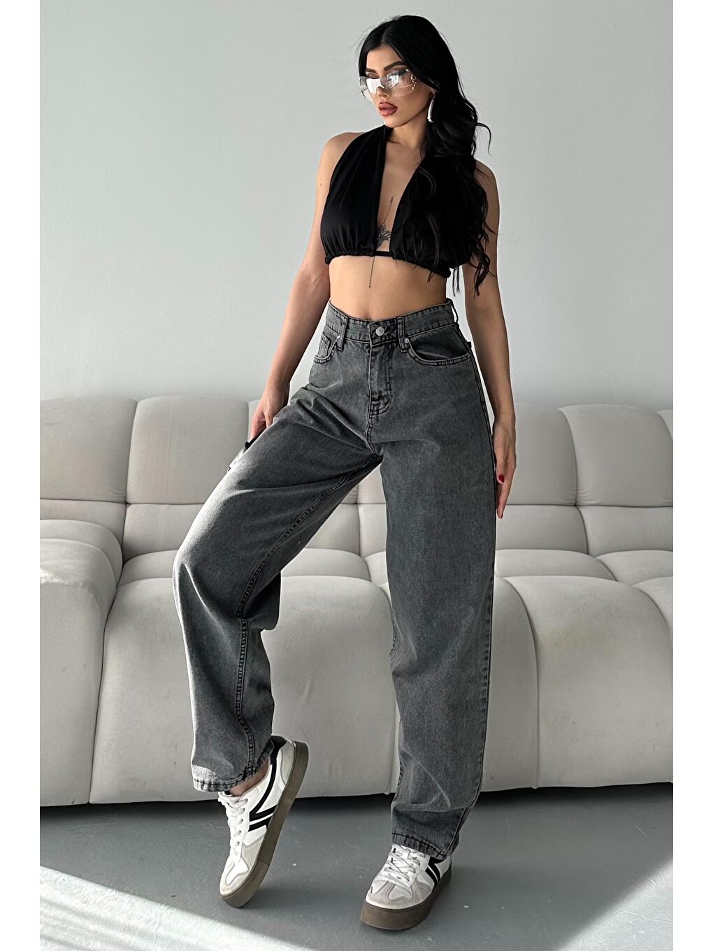 Kar Yıkamalı Baggy Jean Pantolon Koyu Gri - 27269