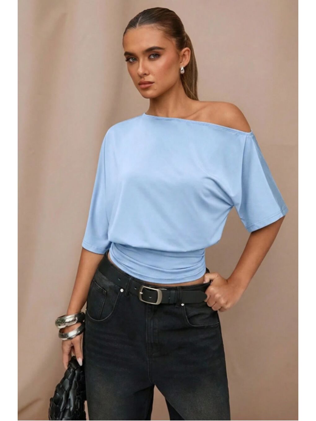 Mavi Omuz Dekolteli Elastanlı Süprem Kumaş Basic Tişört – Rahat Kesim Kadın Bluz-2