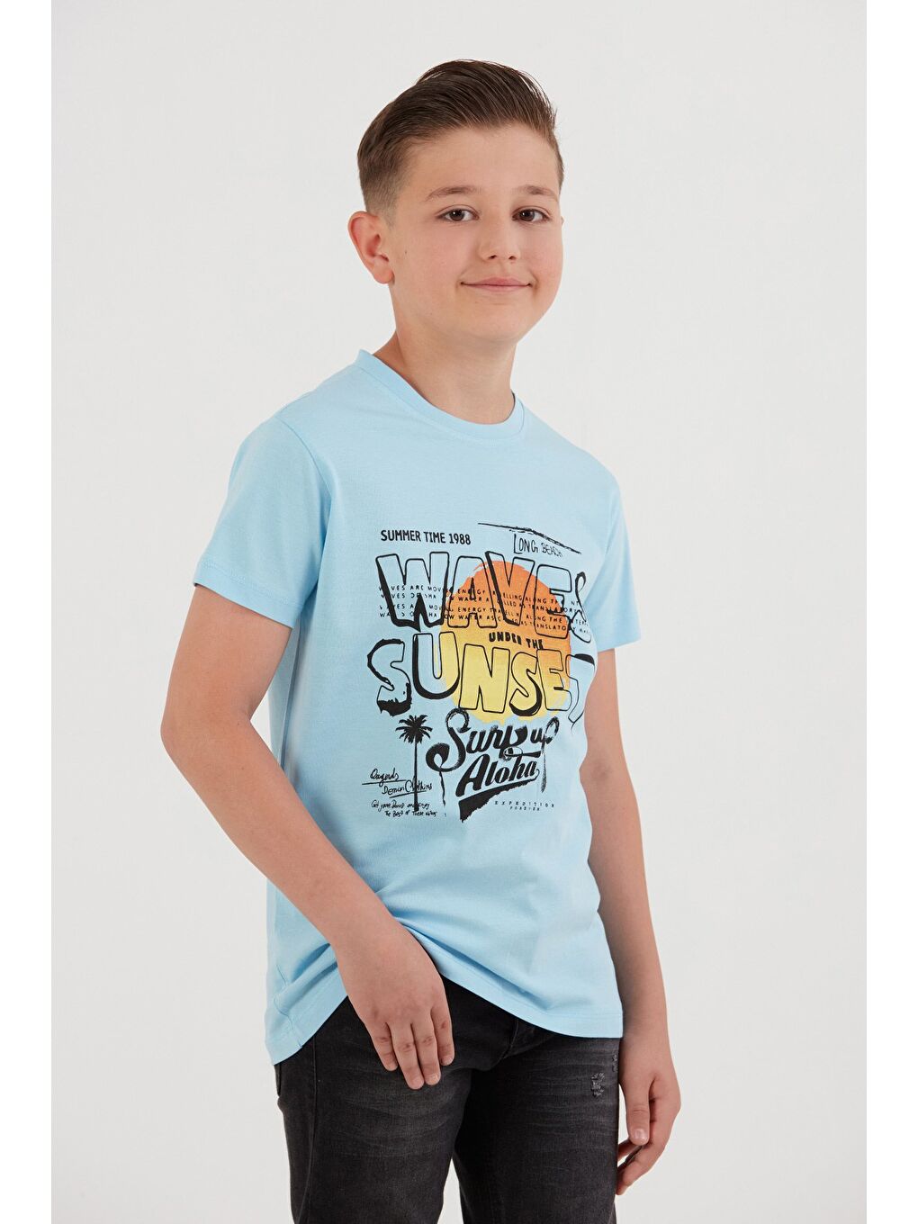 Mavi %100 Pamuk Waves Sunset Baskılı Erkek Çocuk Tişört-3