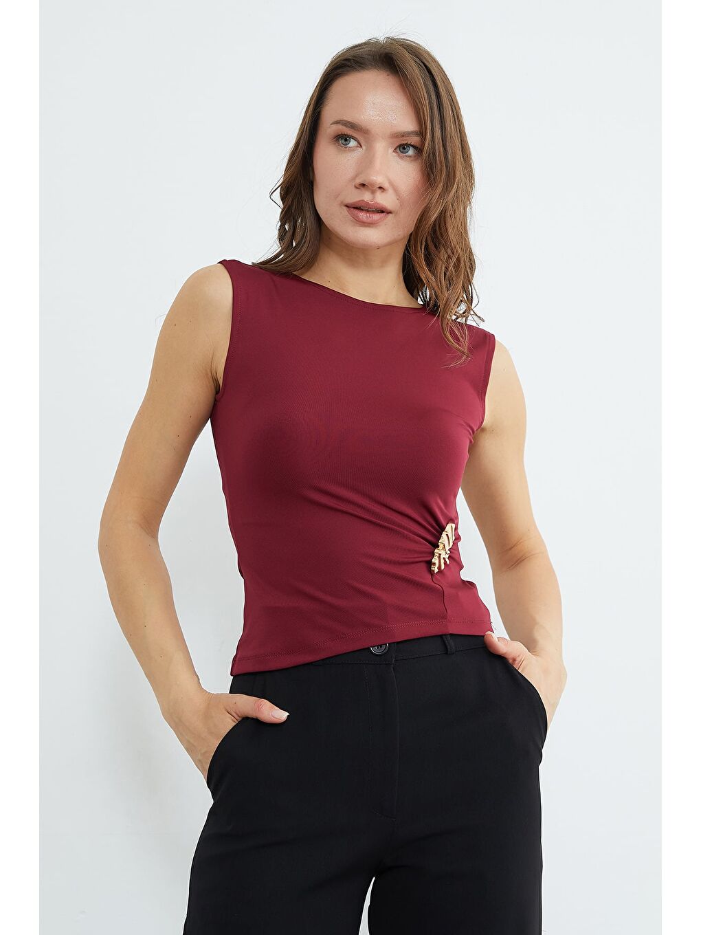 Bordo Toka Detaylı Bisiklet Yaka Bluz-1